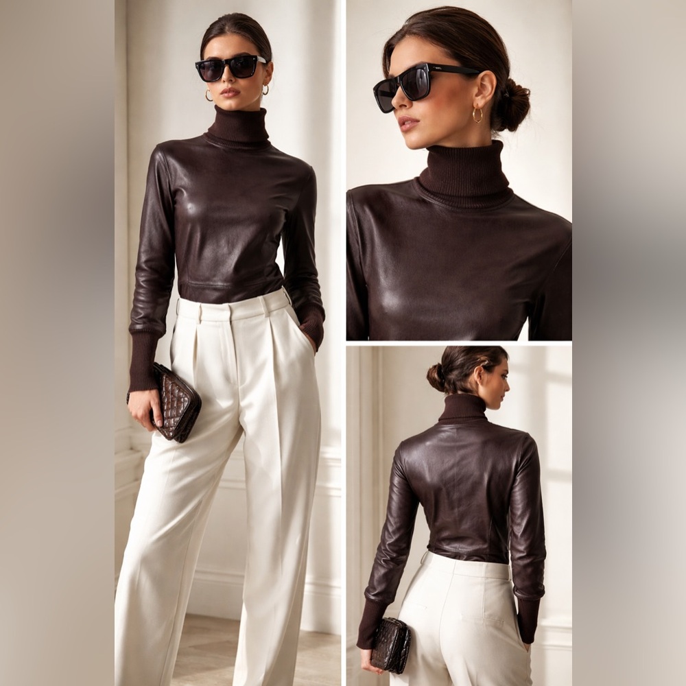 Stouls Brown Leather Turtleneck Top Wool Cuffs Sz L Designer Minimalist France